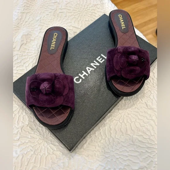 CHANEL Shoes Chanel Purple Suede Camellia Embellished Cc Flat